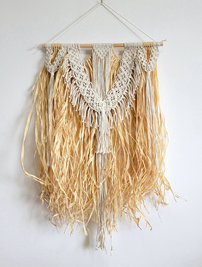 free shipping Handmade Boho Macrame Wall Hanging with Natural Raffia Fringe