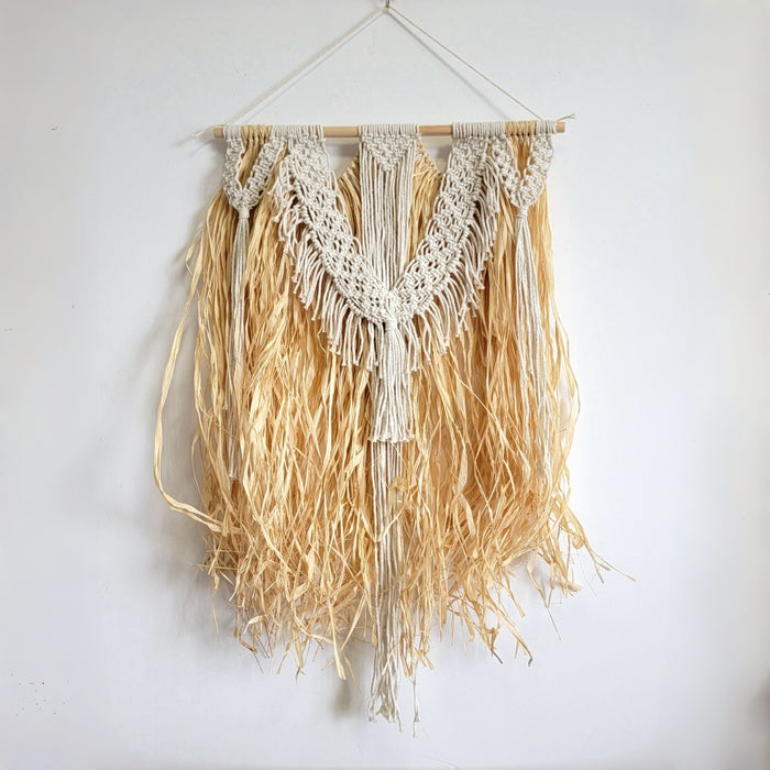 free shipping Handmade Boho Macrame Wall Hanging with Natural Raffia Fringe