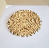 RAFFIA placemat- RAFFIA DECORATIONS- CROCHET COASTER-with golden & natural colour of shells