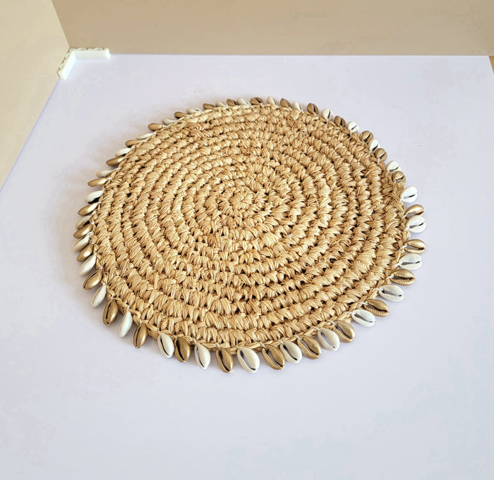 Bohemian Cowrie Shell Placemat | Handwoven Raffia Table Mat for Coastal Home Decor