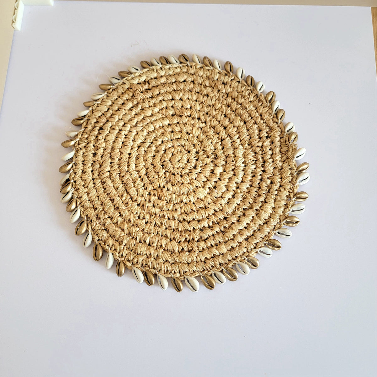 Bohemian Cowrie Shell Placemat | Handwoven Raffia Table Mat for Coastal Home Decor