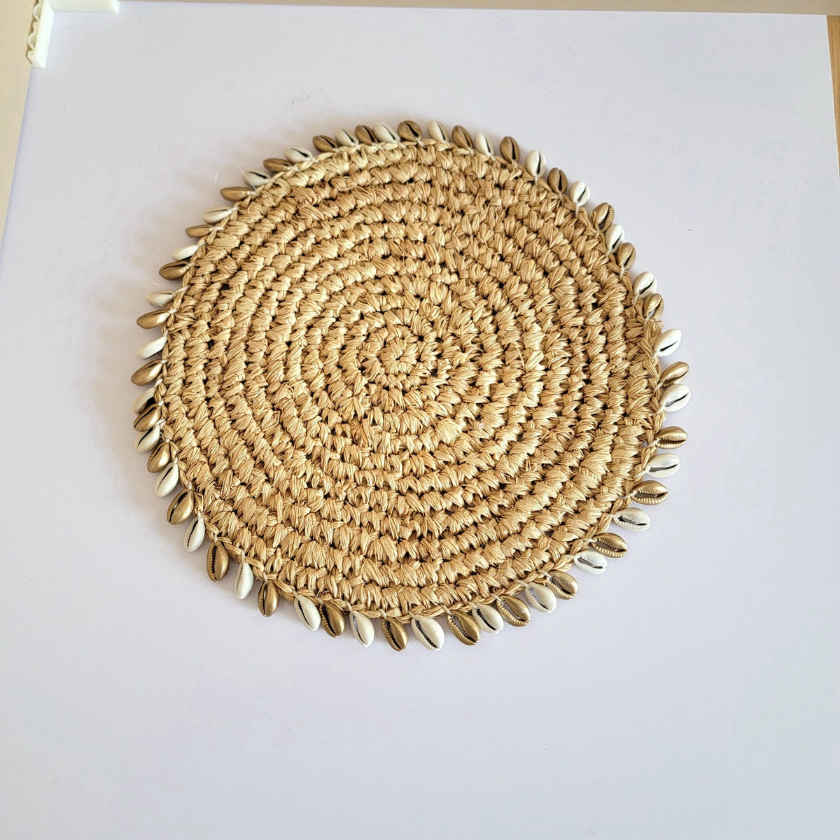 Bohemian Cowrie Shell Placemat | Handwoven Raffia Table Mat for Coastal Home Decor