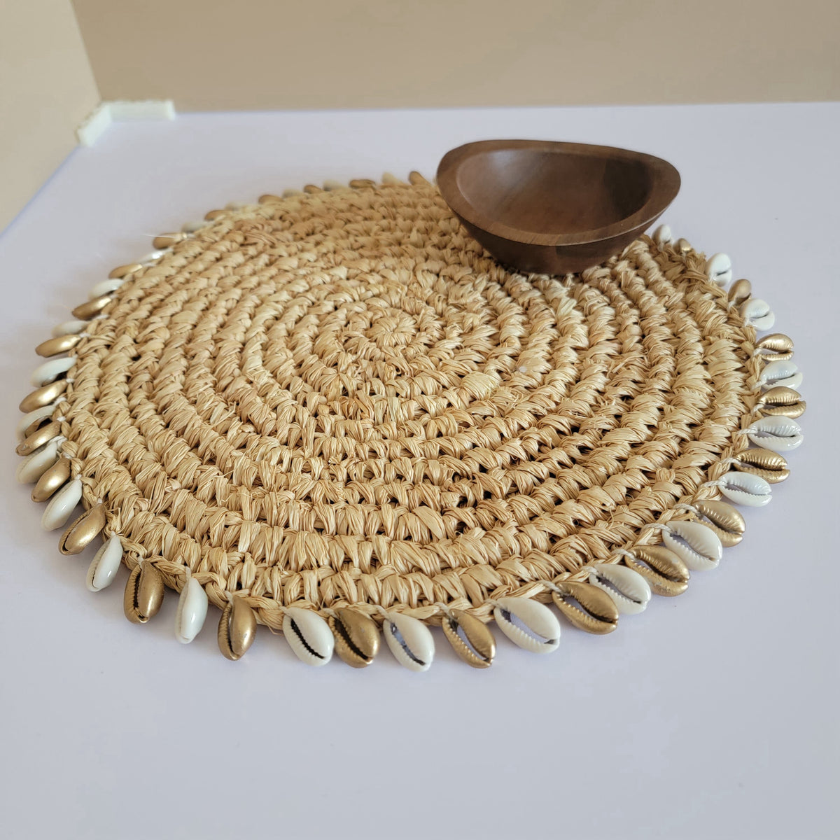 RAFFIA placemat- RAFFIA DECORATIONS- CROCHET COASTER-with golden & natural colour of shells