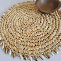 RAFFIA placemat- RAFFIA DECORATIONS- CROCHET COASTER-with golden & natural colour of shells