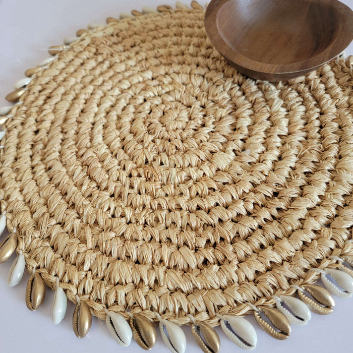 RAFFIA placemat- RAFFIA DECORATIONS- CROCHET COASTER-with golden & natural colour of shells