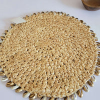 RAFFIA placemat- RAFFIA DECORATIONS- CROCHET COASTER-with golden & natural colour of shells