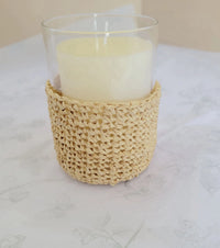 Handmade Natural Raffia Crochet Glass Candle Holder - Boho Coastal Votive for Home Decor