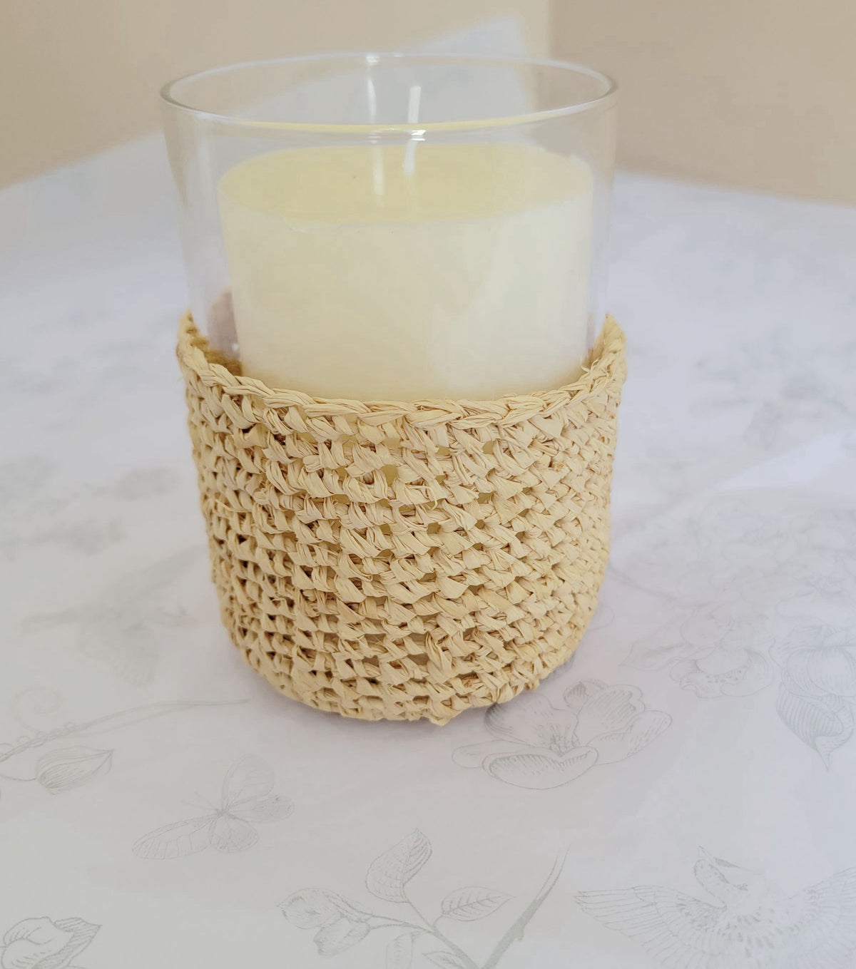Handmade Natural Raffia Crochet Glass Candle Holder - Boho Coastal Votive for Home Decor