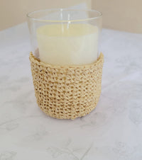 Handmade Natural Raffia Crochet Glass Candle Holder - Boho Coastal Votive for Home Decor