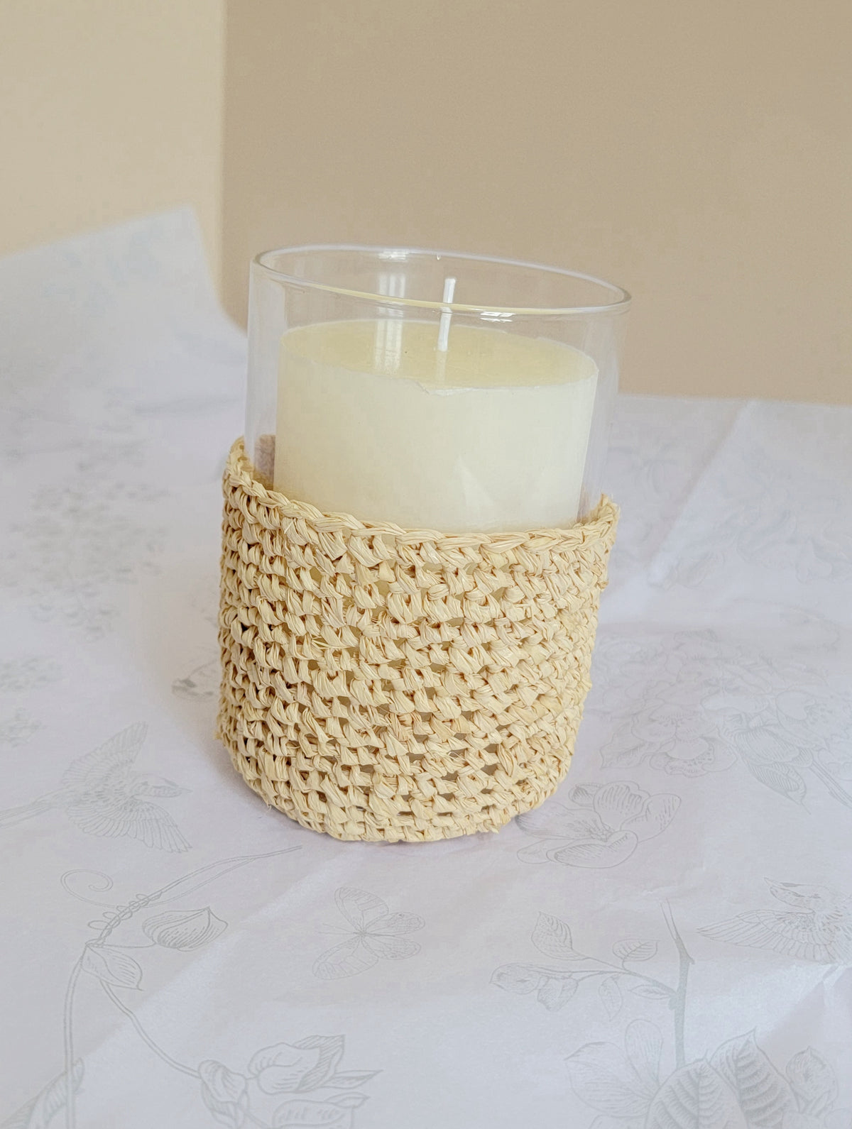 Handmade Natural Raffia Crochet Glass Candle Holder - Boho Coastal Votive for Home Decor