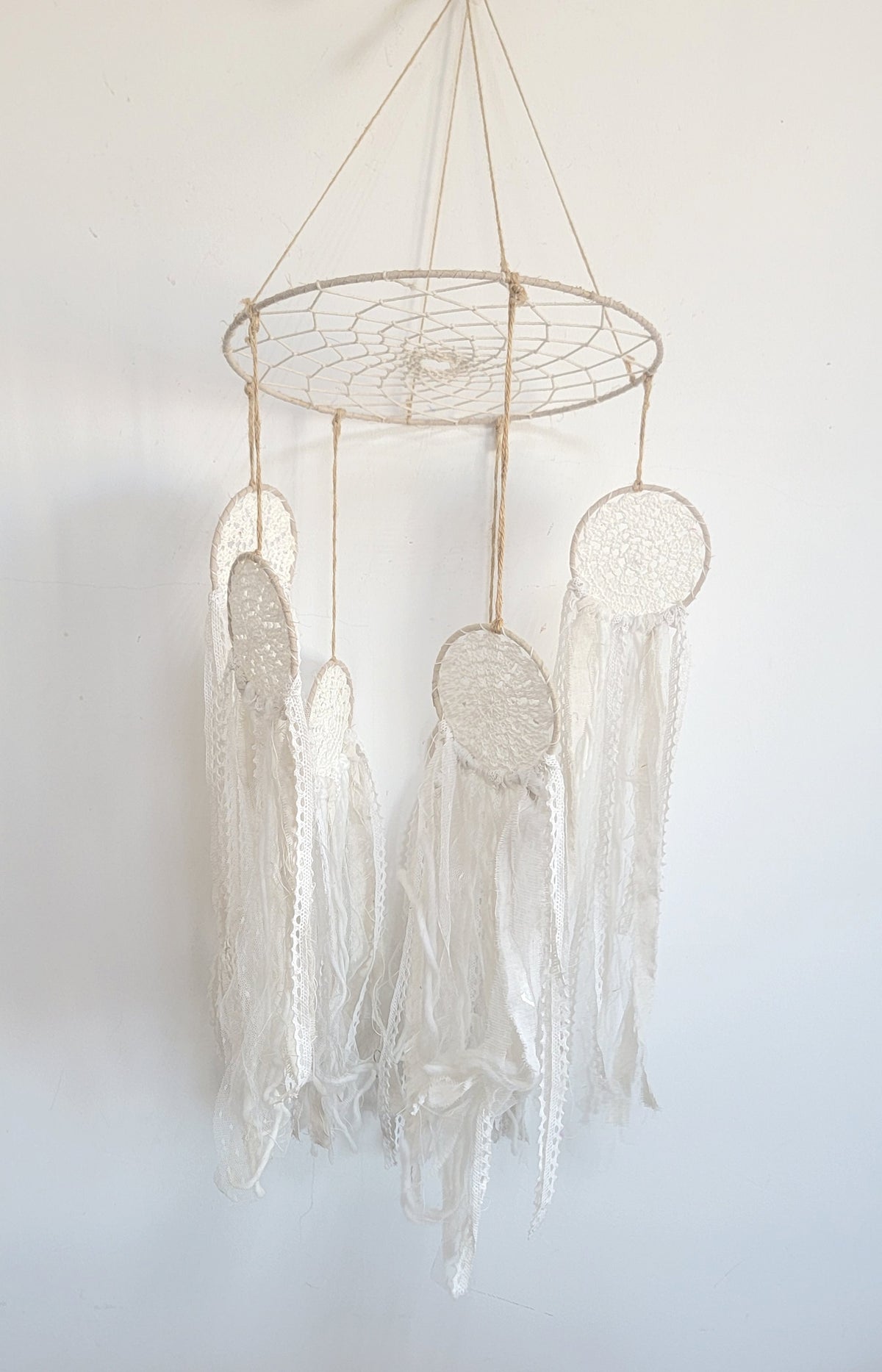 FREE SHIPPING BIG DREAMCATCHER MOBILE DREAMCATCHER WITH FABRIC AND LACE TASSELS