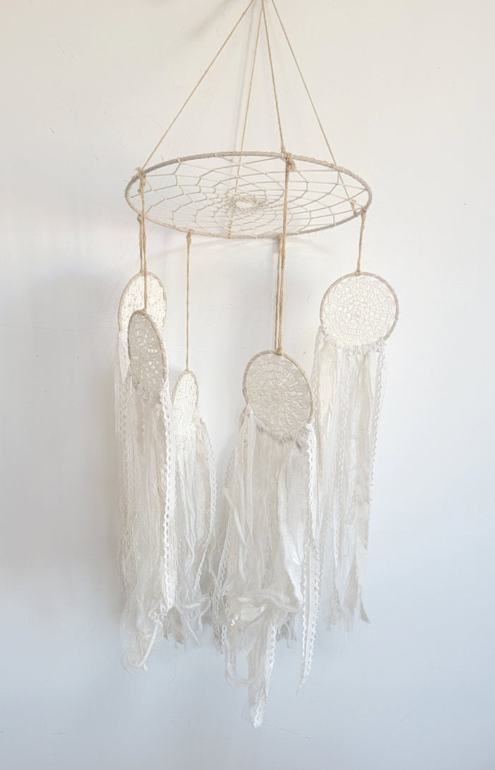 FREE SHIPPING BIG DREAMCATCHER MOBILE DREAMCATCHER WITH FABRIC AND LACE TASSELS