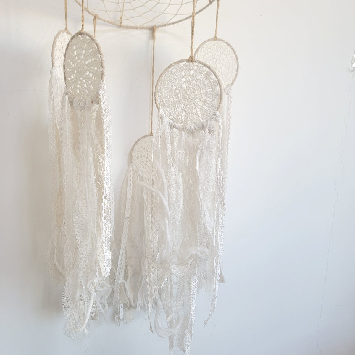 FREE SHIPPING BIG DREAMCATCHER MOBILE DREAMCATCHER WITH FABRIC AND LACE TASSELS