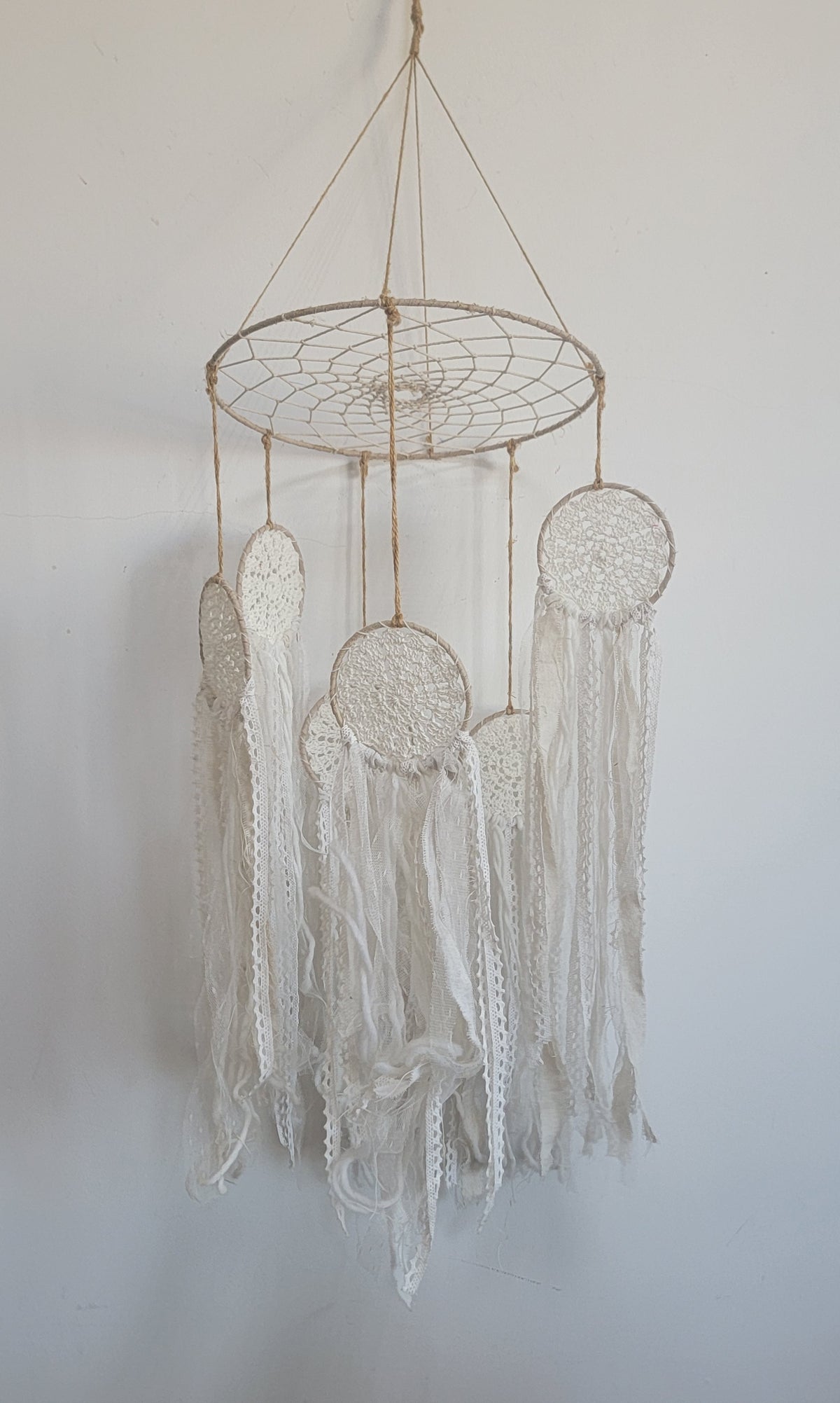 FREE SHIPPING BIG DREAMCATCHER MOBILE DREAMCATCHER WITH FABRIC AND LACE TASSELS