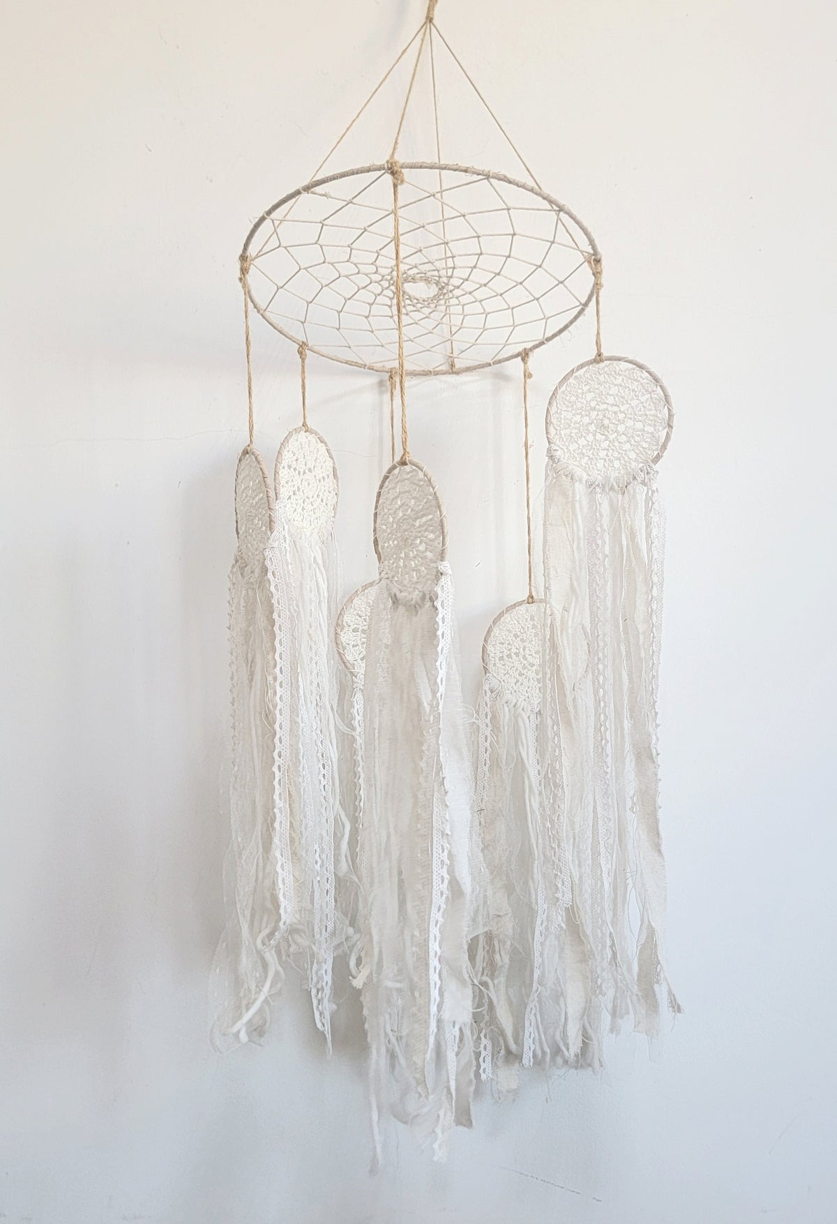 FREE SHIPPING BIG DREAMCATCHER MOBILE DREAMCATCHER WITH FABRIC AND LACE TASSELS