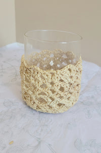 Handmade Natural Raffia Crochet Glass Candle Holder - Boho Coastal Votive for Home Decor