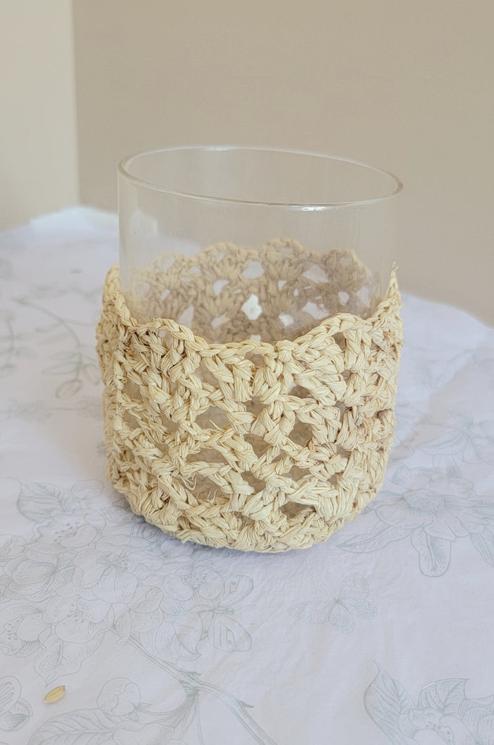 Handmade Natural Raffia Crochet Glass Candle Holder - Boho Coastal Votive for Home Decor