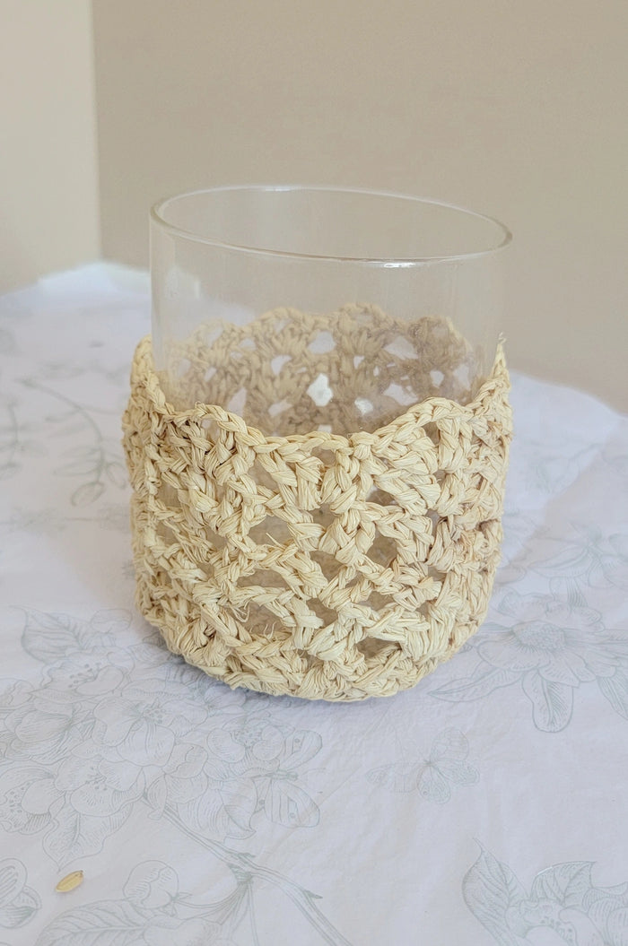 Handmade Natural Raffia Crochet Glass Candle Holder - Boho Coastal Votive for Home Decor