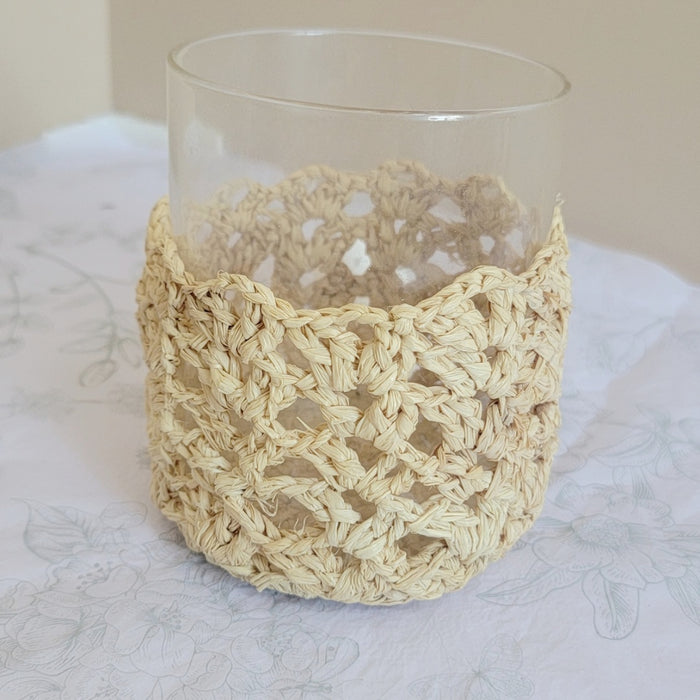 Handmade Natural Raffia Crochet Glass Candle Holder - Boho Coastal Votive for Home Decor