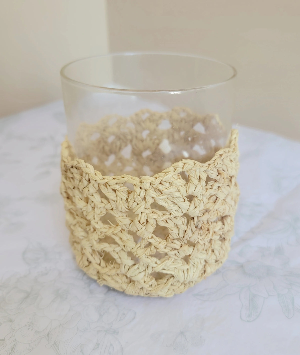Handmade Natural Raffia Crochet Glass Candle Holder - Boho Coastal Votive for Home Decor