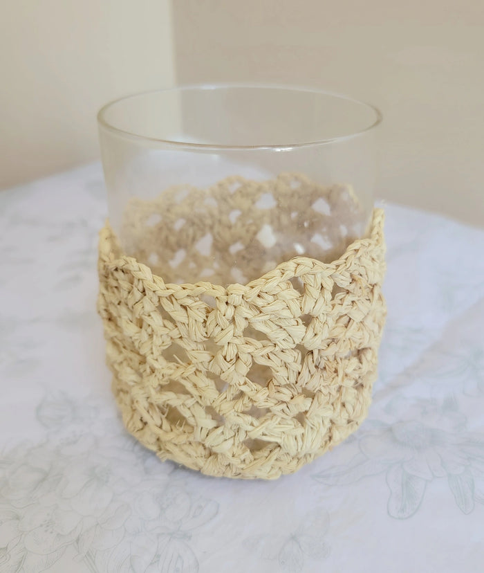 Handmade Natural Raffia Crochet Glass Candle Holder - Boho Coastal Votive for Home Decor