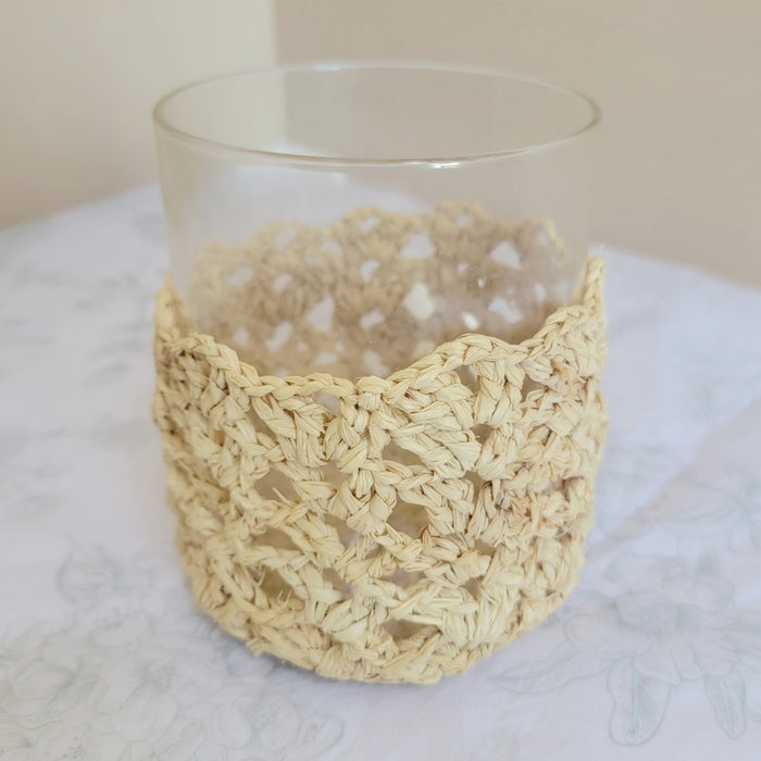 Handmade Natural Raffia Crochet Glass Candle Holder - Boho Coastal Votive for Home Decor