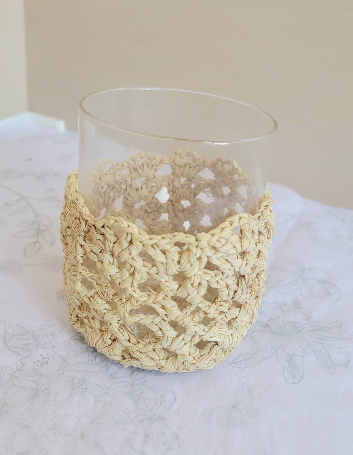 Handmade Natural Raffia Crochet Glass Candle Holder - Boho Coastal Votive for Home Decor