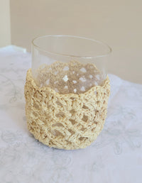 Handmade Natural Raffia Crochet Glass Candle Holder - Boho Coastal Votive for Home Decor