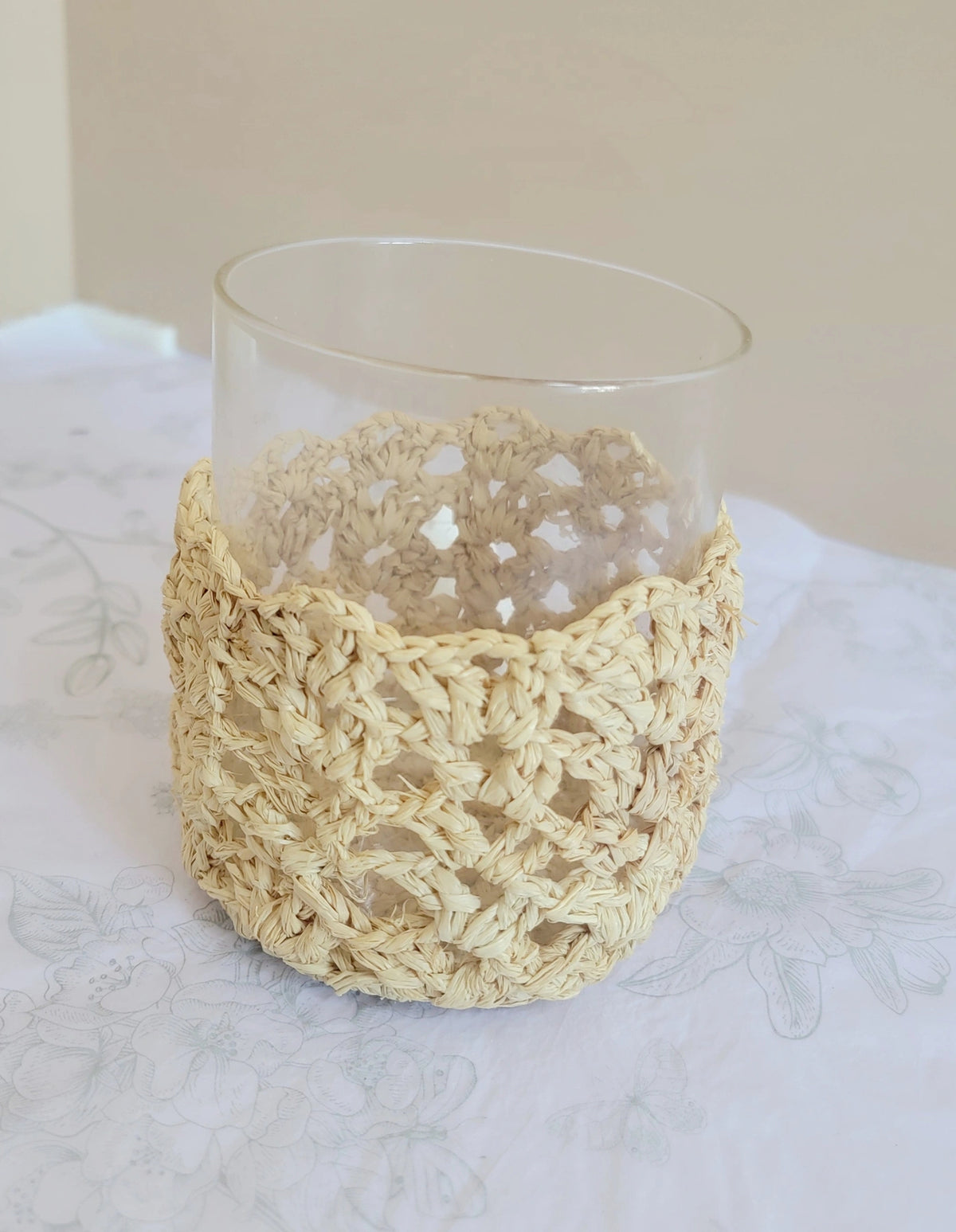 Handmade Natural Raffia Crochet Glass Candle Holder - Boho Coastal Votive for Home Decor