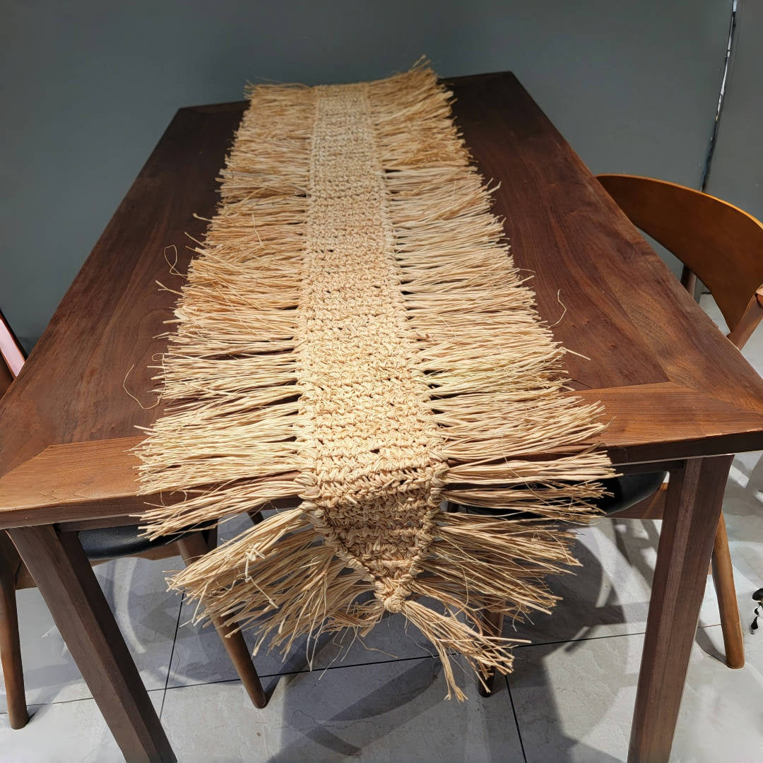 raffia table banner raffia placemat  CROCHET COASTER with tassels natural fiber
