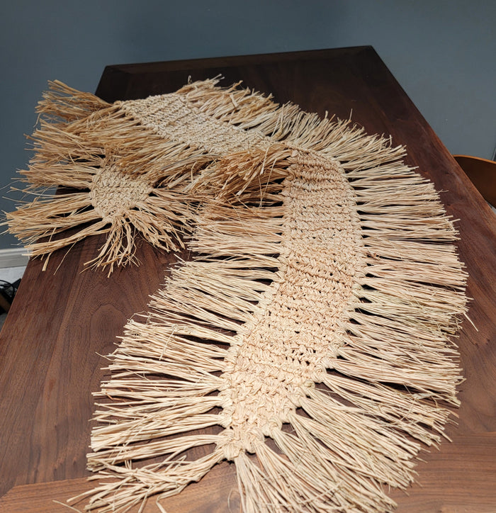 raffia table banner raffia placemat  CROCHET COASTER with tassels natural fiber