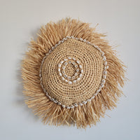 Natural Raffia Shell Wall Decor | Boho Round Wall Art with Cowrie Shells & Fringe for Coastal Homes