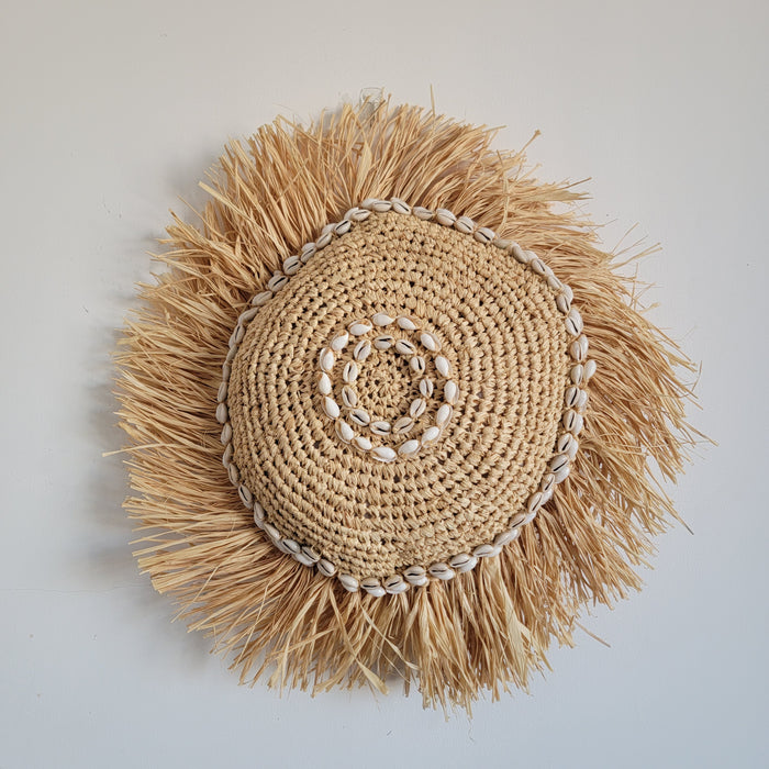 Natural Raffia Shell Wall Decor | Boho Round Wall Art with Cowrie Shells & Fringe for Coastal Homes