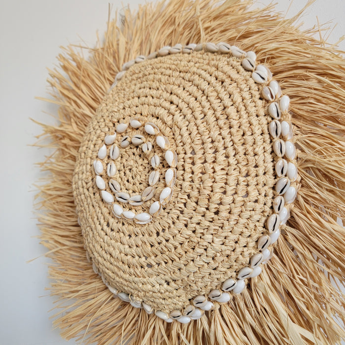 Natural Raffia Shell Wall Decor | Boho Round Wall Art with Cowrie Shells & Fringe for Coastal Homes