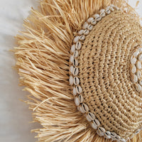 Natural Raffia Shell Wall Decor | Boho Round Wall Art with Cowrie Shells & Fringe for Coastal Homes