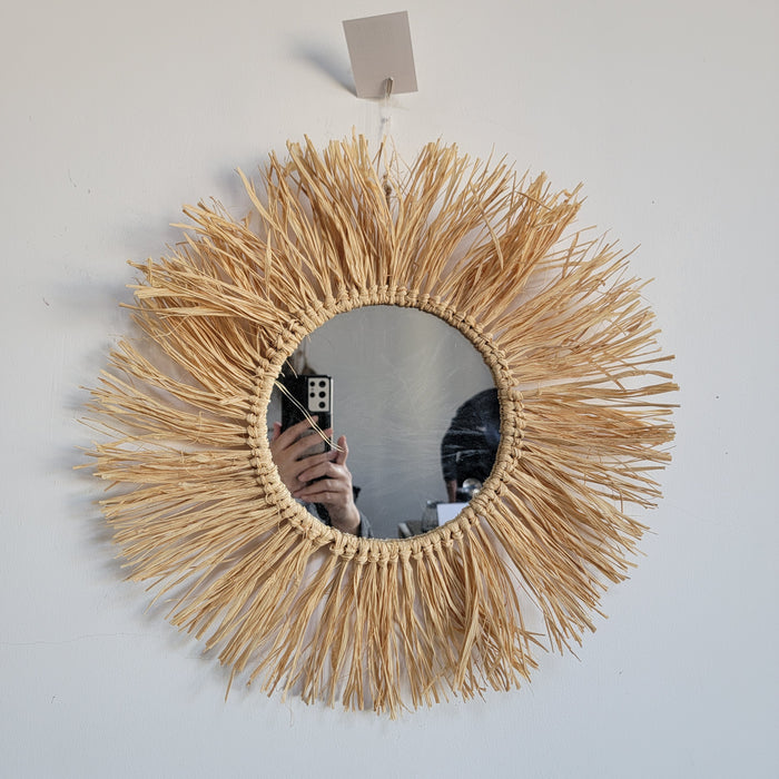 Handmade Raffia Decoration Mirror - Natural Fiber Wall Decorations Weaving Art Home Decor