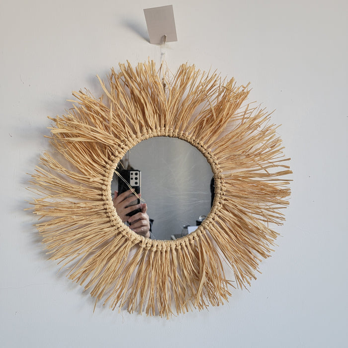 Handmade Raffia Decoration Mirror - Natural Fiber Wall Decorations Weaving Art Home Decor