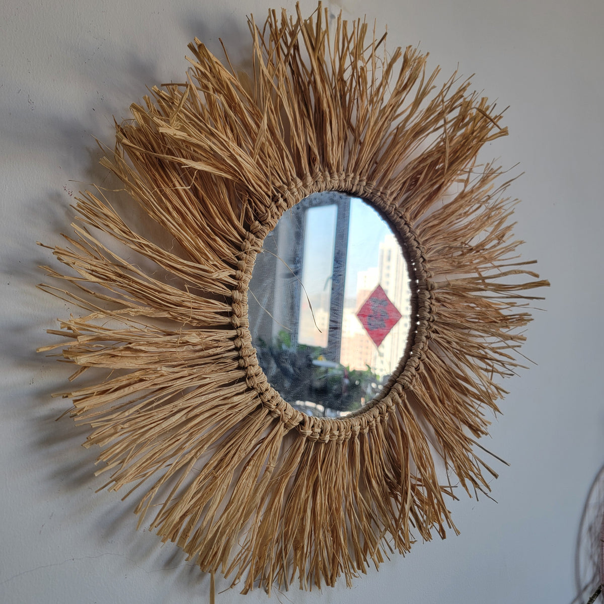 Handmade Raffia Decoration Mirror - Natural Fiber Wall Decorations Weaving Art Home Decor