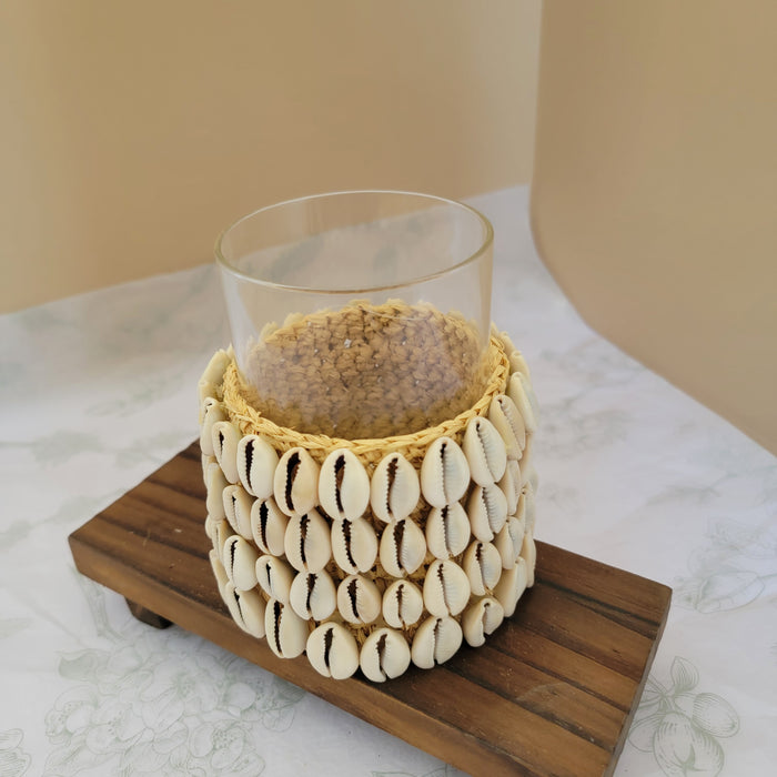 HANDWEAVING AND SHELLS with  CANDLE HOLDER WITH GRASS candle cup RAFFIA CROCHET