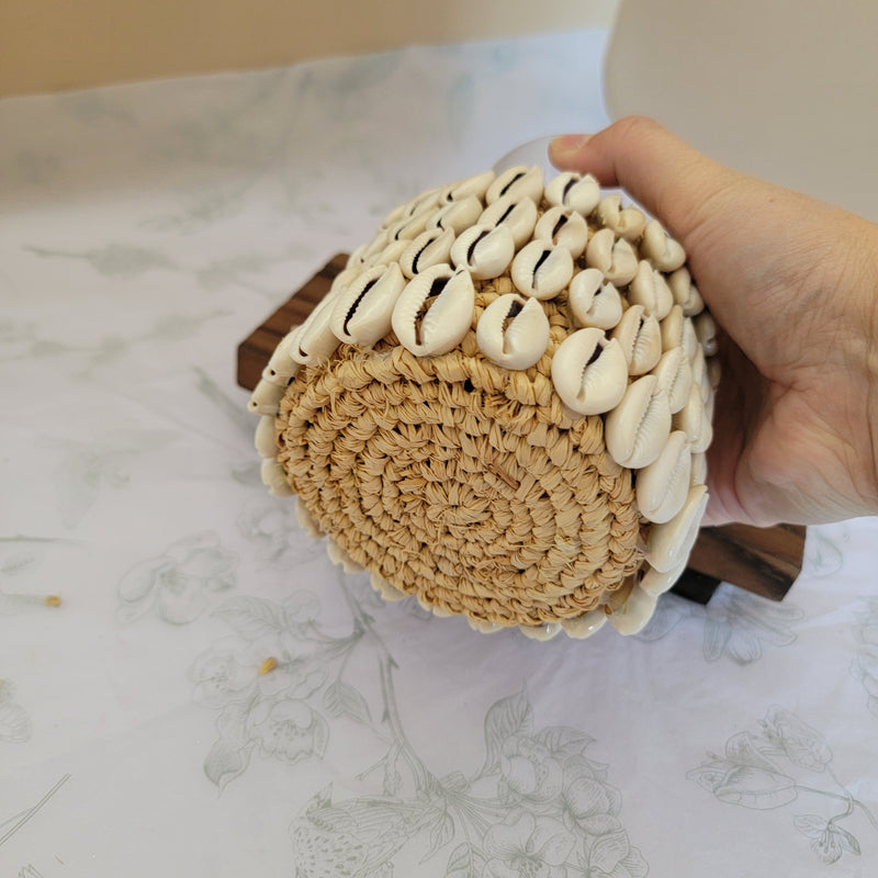 HANDWEAVING AND SHELLS with  CANDLE HOLDER WITH GRASS candle cup RAFFIA CROCHET
