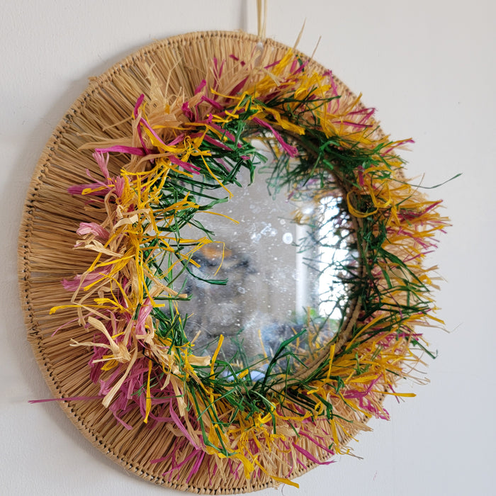 FREE SHIPPING stereoscopic round COLOURFUL  RAFFIA DECORATIVE MIRROR HANDMADE