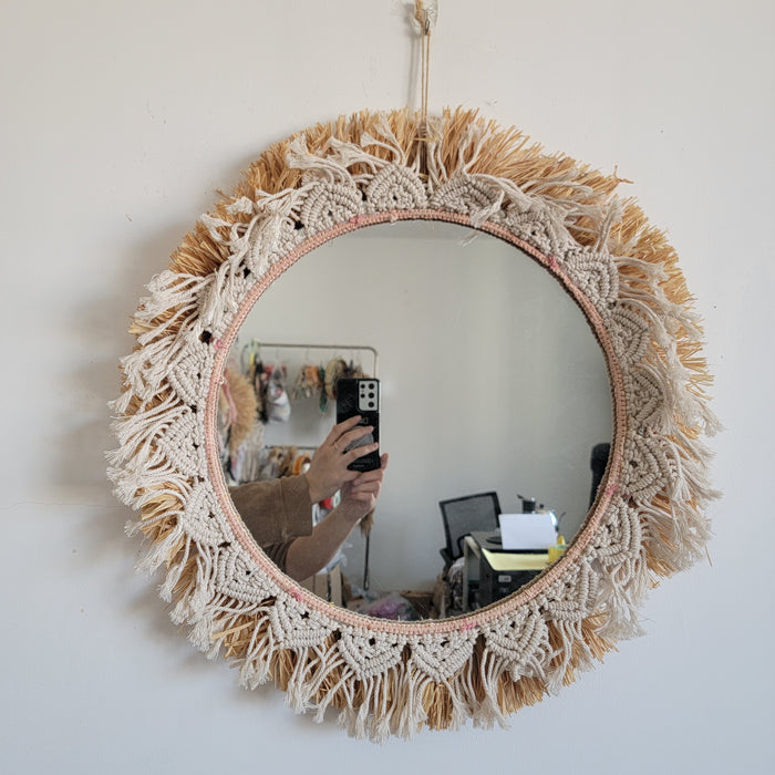 FREE SHIPPING MACRAME MIRROR BY HANDWORK RAFFIA+COTTON YARNS