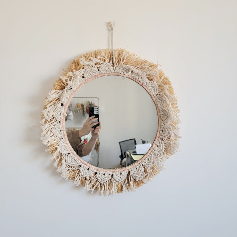 FREE SHIPPING MACRAME MIRROR BY HANDWORK RAFFIA+COTTON YARNS