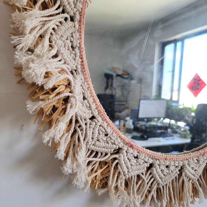 FREE SHIPPING MACRAME MIRROR BY HANDWORK RAFFIA+COTTON YARNS