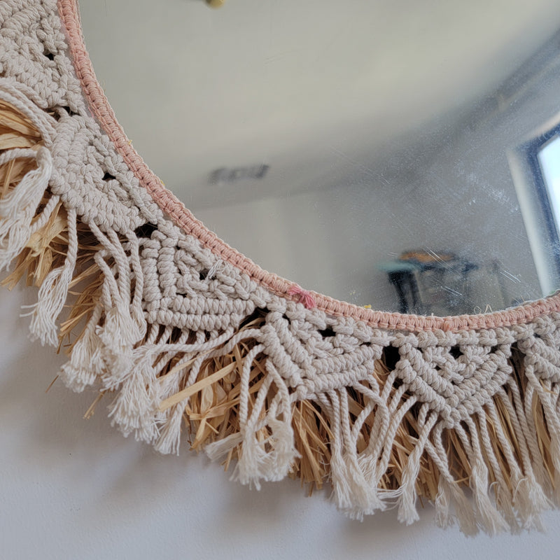 FREE SHIPPING MACRAME MIRROR BY HANDWORK RAFFIA+COTTON YARNS