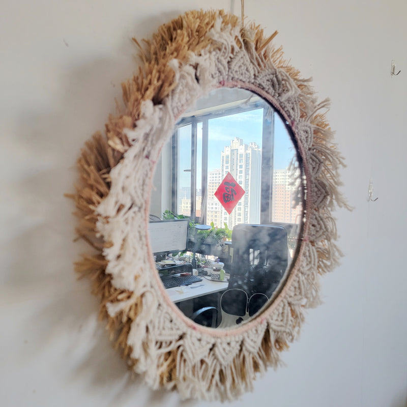 FREE SHIPPING MACRAME MIRROR BY HANDWORK RAFFIA+COTTON YARNS