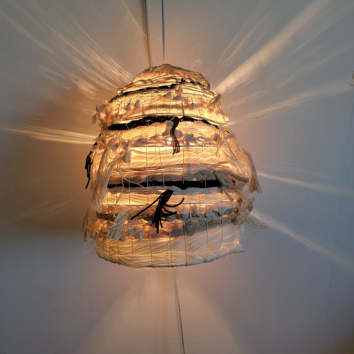 FREE SHIPPING HANDWORK Handmade Lampshade raffia & yarns 3d shape NATURAL FIBER