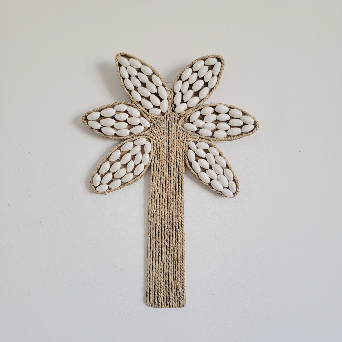 free shipping Seashell Palm Tree Wall Art - Handcrafted Coastal Boho Decor | Woven Raffia Accent Unique Handcrafted Seashell Palm Wall Hanging | Coastal Boho Tropical Art