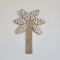 free shipping Seashell Palm Tree Wall Art - Handcrafted Coastal Boho Decor | Woven Raffia Accent Unique Handcrafted Seashell Palm Wall Hanging | Coastal Boho Tropical Art