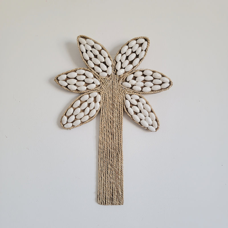 free shipping Seashell Palm Tree Wall Art - Handcrafted Coastal Boho Decor | Woven Raffia Accent Unique Handcrafted Seashell Palm Wall Hanging | Coastal Boho Tropical Art